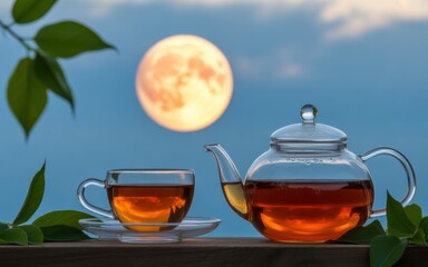 Glass teapot and cup filled with amber tea on wooden surface against full moon image