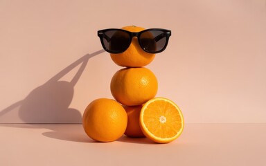Stacked oranges wearing sunglasses with a sliced orange and shadow fruit citrus