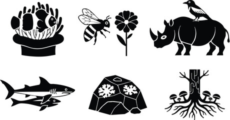 Obraz premium Wildlife insects animals plants nature icons vector set silhouette collection for design projects 