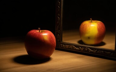 Red apple with yellow streaks reflects in ornate framed mirror on wooden surface fruit food