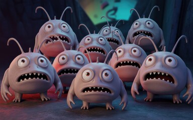 A group of cartoonish light brown creatures with wide eyes and sharp teeth monster alien