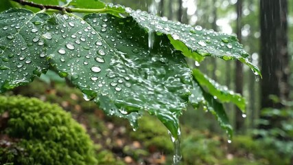 Raindrops on green leaves in a forest, closeup macro shot, natural beauty - Powered by Adobe