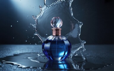 Blue perfume bottle with crystal cap splashes water on dark background image