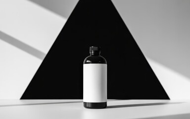 Black bottle with white label and black cap against black triangle and white background image