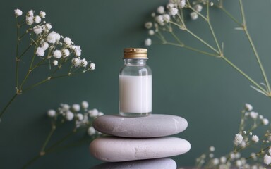 Small clear bottle with white liquid on stacked stones and white flowers glass