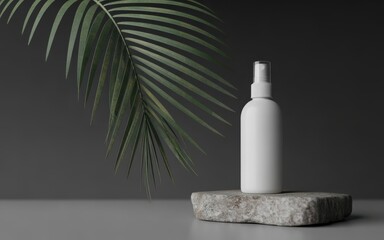 White spray bottle on stone pedestal with green palm leaf and grey background dispenser cosmetic