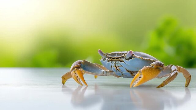 Vibrant crab against an out-of-focus background: A detailed photograph showcases a single crab, with its striking blue shell and orange claws, set against a softened.