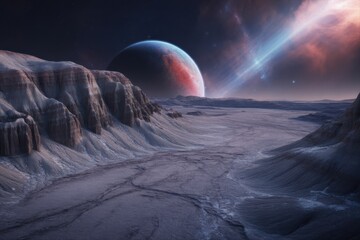Alien planet landscape with ringed planet and nebula in sky space