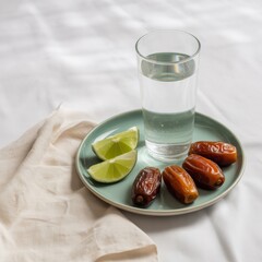 Glass of water dates and lime slices on a teal plate white cloth drink beverage