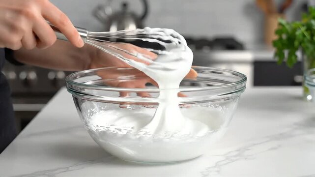 Closeup of hands whisking egg whites in a glass bowl on a marble countertop, preparing for baking