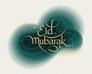 Golden Arabic calligraphy Eid Mubarak text on abstract teal green watercolor background image