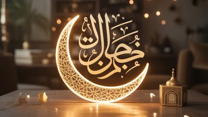 Golden Eid Mubarak Arabic Calligraphy Crescent Moon Lantern and Stars image