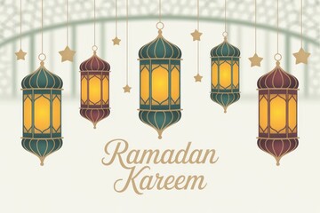 Islamic Ramadan Kareem greeting with hanging lanterns and stars card