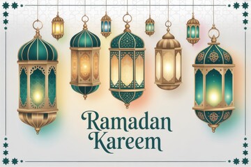 Ramadan Kareem greeting card with hanging ornate lanterns and star border Islamic