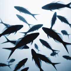 School of dark fish swimming in a light blue underwater environment image