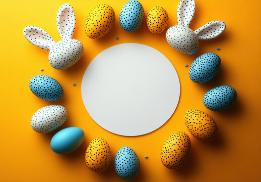 Easter banner, holiday decor, rabbit ears and colorful eggs yellow background. Holidays, spring Easter concept, copy space, design greeting cards, art minimalist style.