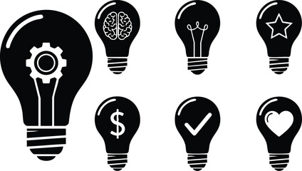 Light bulb icons set with various symbols including gear brain dollar check heart for creative ideas and innovation concepts vector 