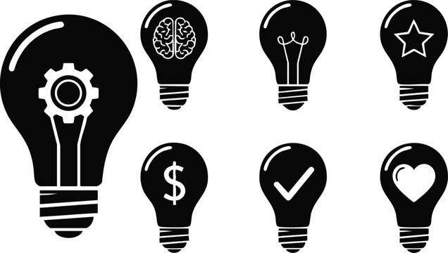 Light bulb icons set with various symbols including gear brain dollar check heart for creative ideas and innovation concepts vector 