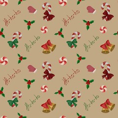 Seamless Christmas pattern with candies, candy canes, holly, bells and holiday inscriptions
