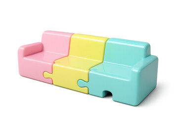 Sofa puzzle pieces connecting, forming a collaborative teamwork concept in pastel colors on transparent background