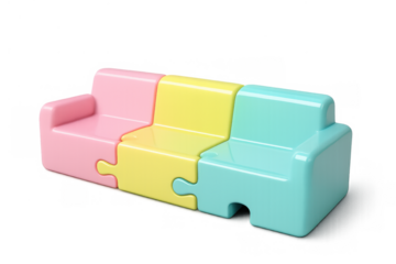 Sofa puzzle pieces connecting, forming a collaborative teamwork concept in pastel colors on transparent background