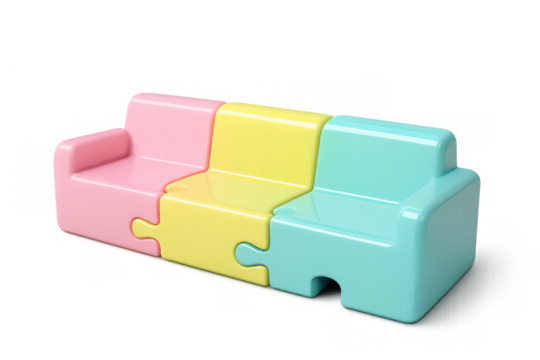 Sofa puzzle pieces connecting, forming a collaborative teamwork concept in pastel colors on transparent background
