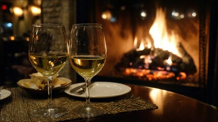 Cozy Dinner Setting by the Fireplace With Wine Glasses and Warm Ambiance for a Relaxing Evening