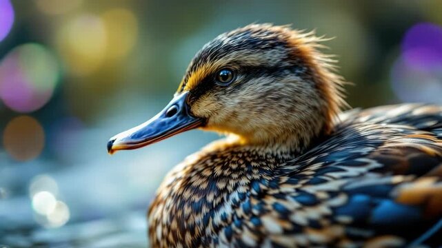 Close-up of a vibrant duck with colorful background bokeh