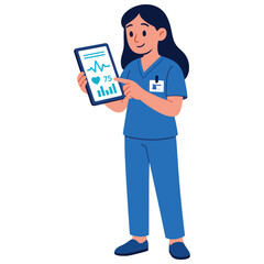 Female medical professional in blue scrubs holds a digital tablet showing health monitoring data and vital signs illustration.