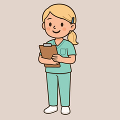 Cheerful blonde female nurse cartoon character in scrubs holding a clipboard, symbolizing healthcare and medical care.