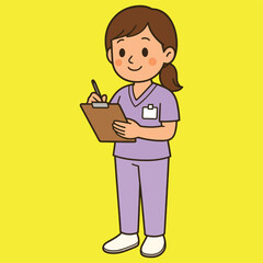 Cartoon nurse in purple scrubs standing, writing on a clipboard, representing healthcare, medical records, and patient tasks.