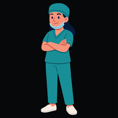 Confident female healthcare professional in teal scrubs and surgical cap, arms crossed, ready to work.