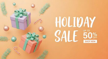 Holiday Sale Banner with Discount Percentage Gift Boxes Christmas Ornaments Candy Canes and Pine Needles on an Orange Background 3D Render
