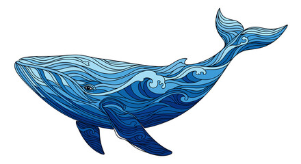 Whale made from ocean waves continuous line drawing filled with deep blue, caring mood, saving oceans and marine conservation concept, with copy space