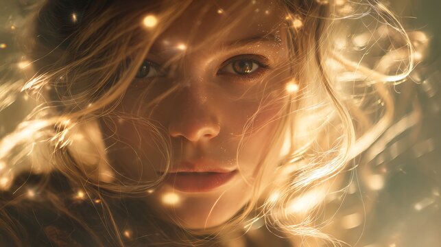 surreal portrait of a woman with glowing threads of light weaving around her hair, floating particles, ethereal fantasy atmosphere, soft golden lighting, fine art realism, - Powered by Adobe