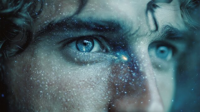 portrait of a man with a galaxy reflected in his eyes, cosmic dust surrounding him, surreal fantasy aura, glowing blue tones, cinematic depth, 