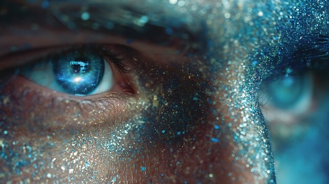 portrait of a man with a galaxy reflected in his eyes, cosmic dust surrounding him, surreal fantasy aura, glowing blue tones, cinematic depth,  - Powered by Adobe
