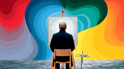 A man is painting a picture of a colorful swirl. The painting is abstract and the colors are vibrant. The man is sitting in a chair and he is focused on his work