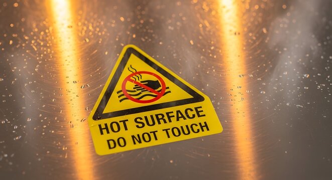 Yellow triangular warning sign 'HOT SURFACE DO NOT TOUCH' with prohibitory symbol, highlighting critical safety and burn prevention in hot industrial/kitchen environments