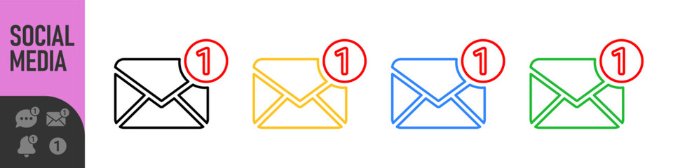 Set of notification icons for email, bell, and chat message with red alert or notification badge (number one). Perfect for new messages, alerts, and updates, social media, communication icons