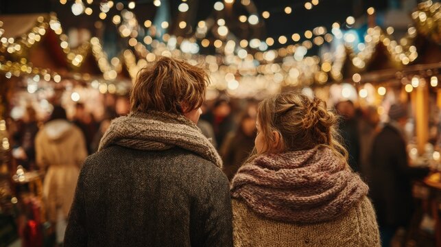 Couple enjoying a festive market filled with lights and decorations at night