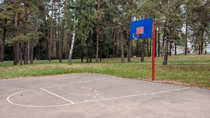 A metal pole with a basketball board, a ring and a basket is installed on the asphalt area with markings. There is a buildings and park trees nearby. Cloudy autumn weather