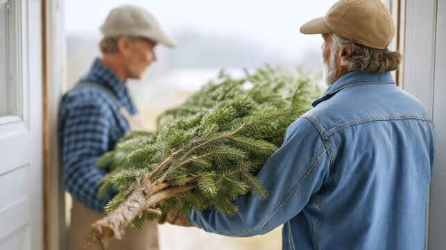 Men carrying dried christmas tree out door for recycling and disposal