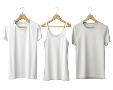 Three white t-shirts on wooden hangers against a transparent background. The shirts vary in style: short-sleeve, tank top, and crew neck.