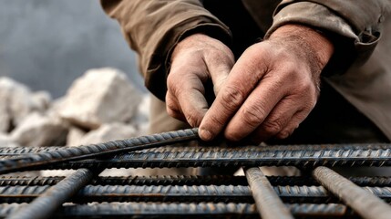 A man is working with metal bars and a ruler. Concept of hard work and dedication