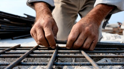 A man is bending over to work on a metal grid. Concept of hard work and dedication, as the man is focused on his task