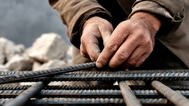 A man is working with metal bars and a ruler. Concept of hard work and dedication