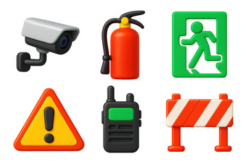 Safety Operations Icons. 3D icon set of safety and operations: security cameras, fire extinguishers, emergency exits, warning