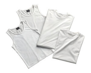 Four white clothing items on a transparent background. Includes two tank tops and two t-shirts, isolated for mockup use.