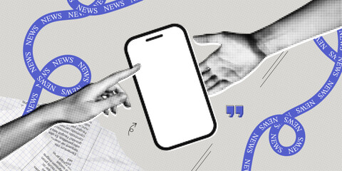 Trendy Halftone Collage Phone with Breaking news. Smartphone white space screen for media and journalism. Online reading news. Social media browsing. Contemporary vector art illustration
